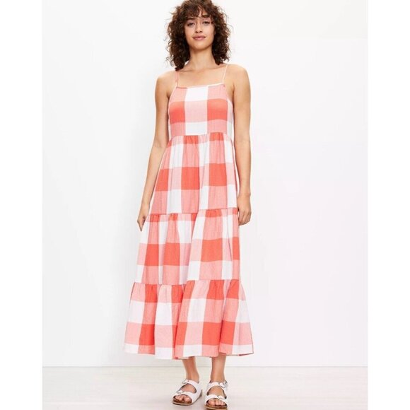 Lou & Grey Gingham Midi Dress Women Small Coral Tiered Farmhouse Peasant Cottage - Picture 1 of 10